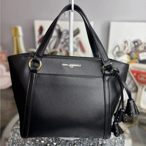 Karl Lagerfeld Paris Iris tote bag in black pebbled leather NWOT - Picture 1 of 14